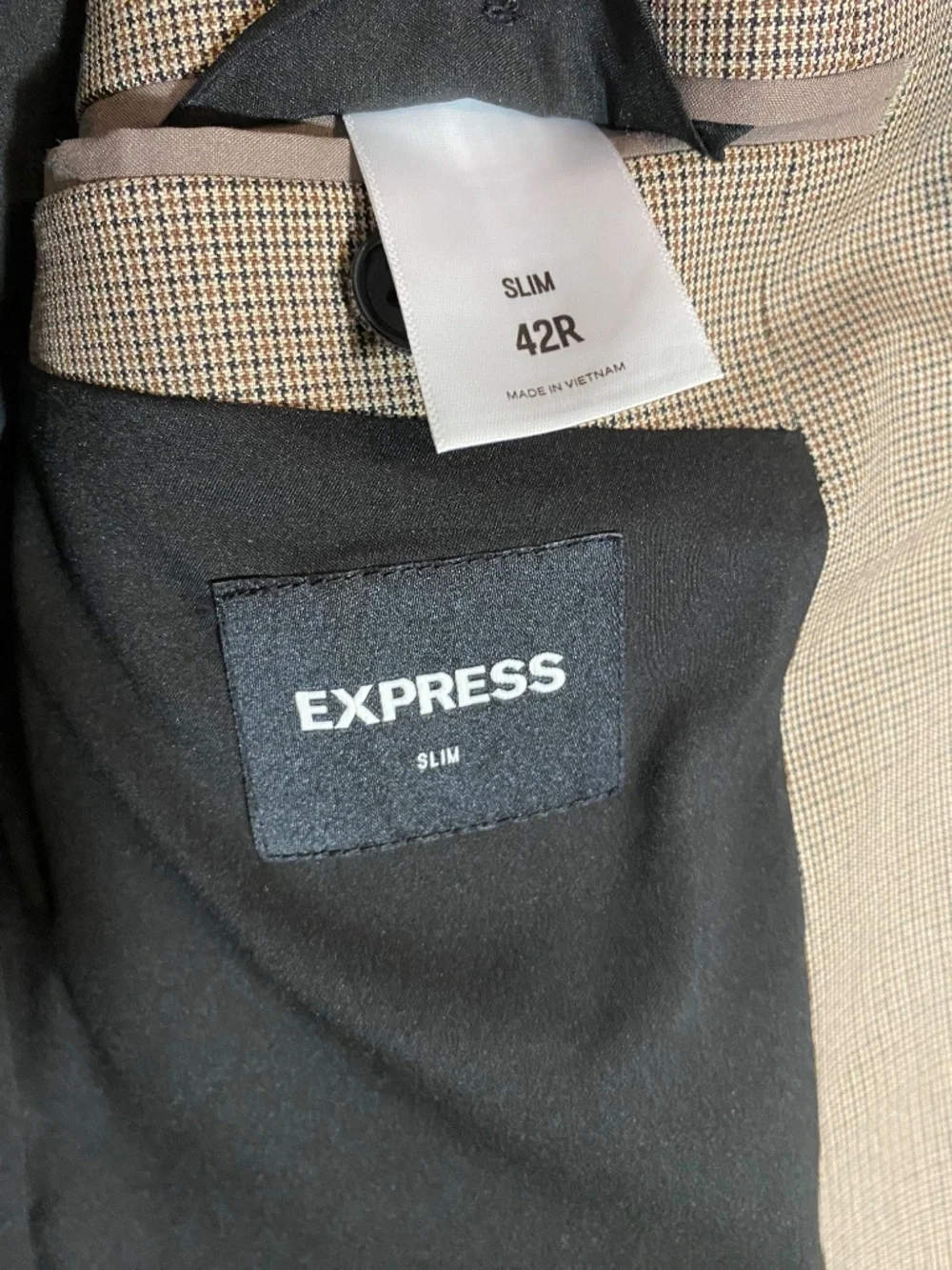 Express Men’s Brown Houndstooth Slim‑Fit Suit Set – Modern Jacket + Ultra‑Comfor